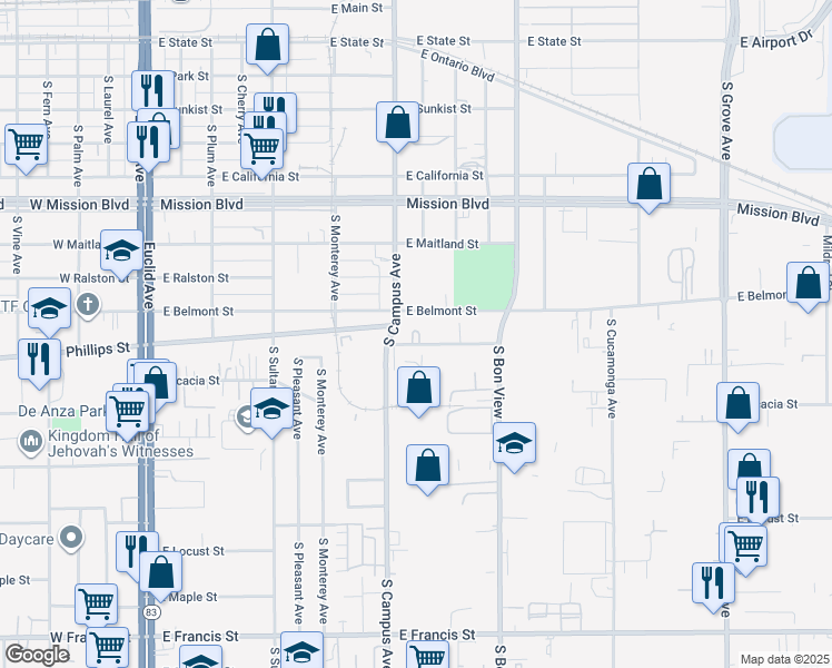 map of restaurants, bars, coffee shops, grocery stores, and more near 721 Woodlawn Street in Ontario