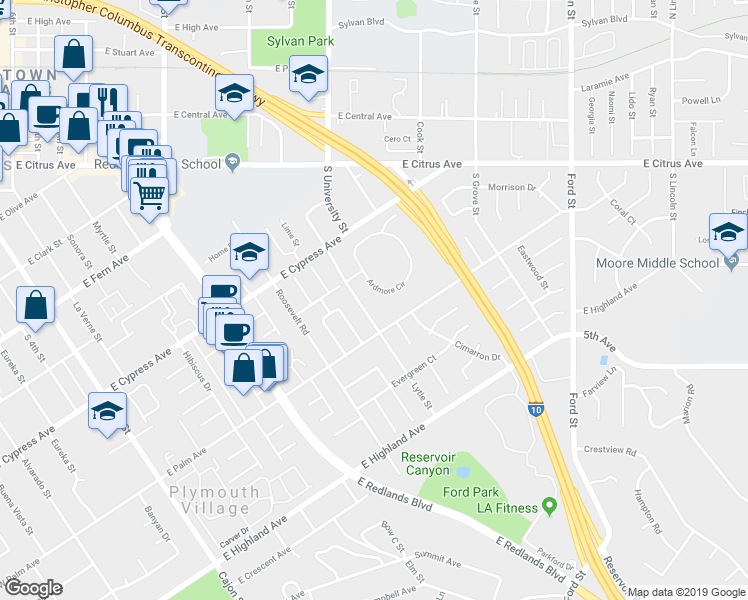 map of restaurants, bars, coffee shops, grocery stores, and more near 856 Ardmore Circle in Redlands