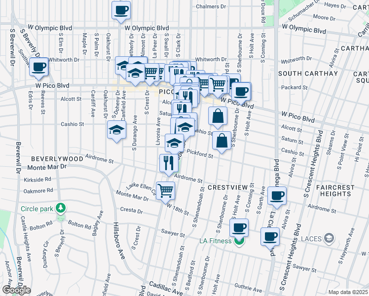 map of restaurants, bars, coffee shops, grocery stores, and more near in Los Angeles