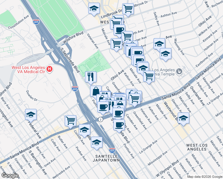 map of restaurants, bars, coffee shops, grocery stores, and more near 1530 Camden Avenue in Los Angeles