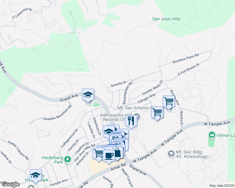 map of restaurants, bars, coffee shops, grocery stores, and more near 1720 North Winona Drive in Walnut