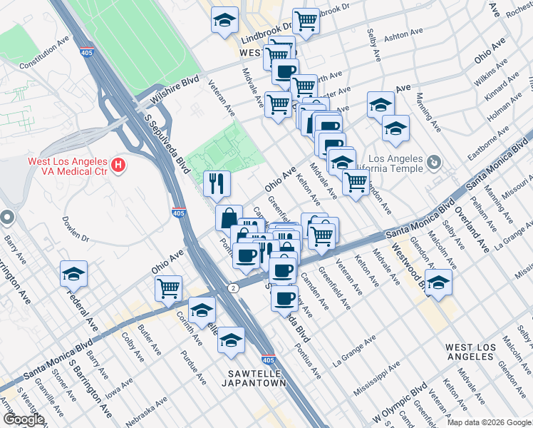 map of restaurants, bars, coffee shops, grocery stores, and more near 1500 Camden Avenue in Los Angeles