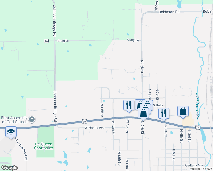 map of restaurants, bars, coffee shops, grocery stores, and more near 120 Wright Acres in De Queen