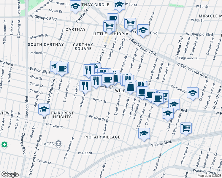 map of restaurants, bars, coffee shops, grocery stores, and more near 1349 South Genesee Avenue in Los Angeles