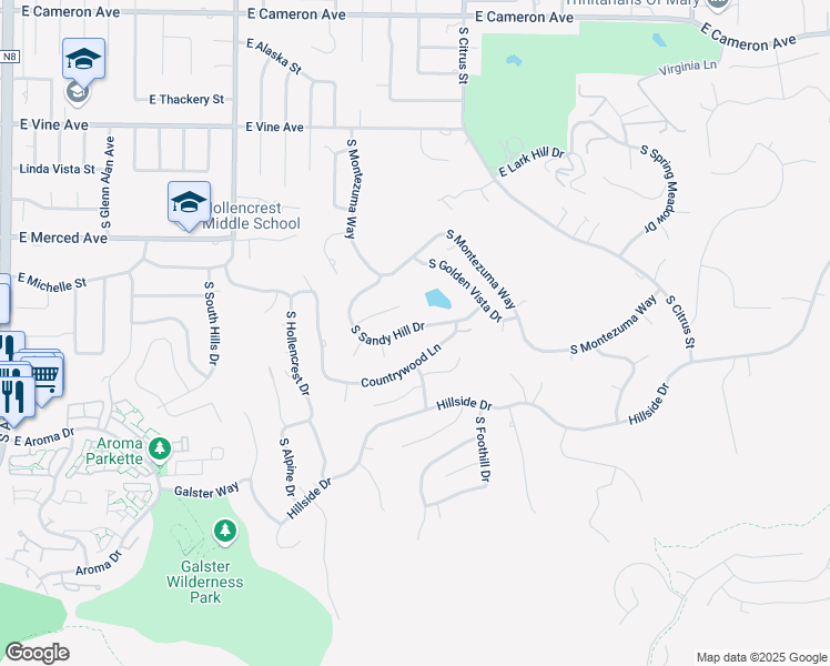 map of restaurants, bars, coffee shops, grocery stores, and more near 2419 Crescent View Drive in West Covina