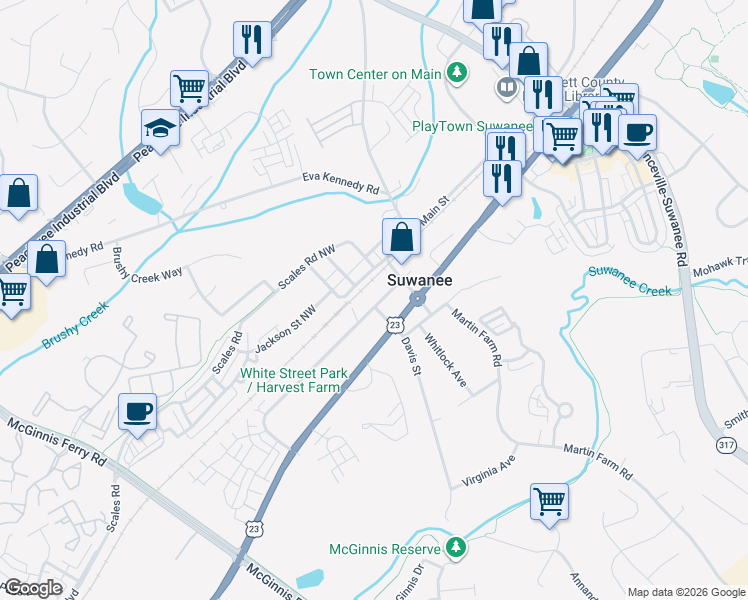 map of restaurants, bars, coffee shops, grocery stores, and more near 667 Main Street Northwest in Suwanee