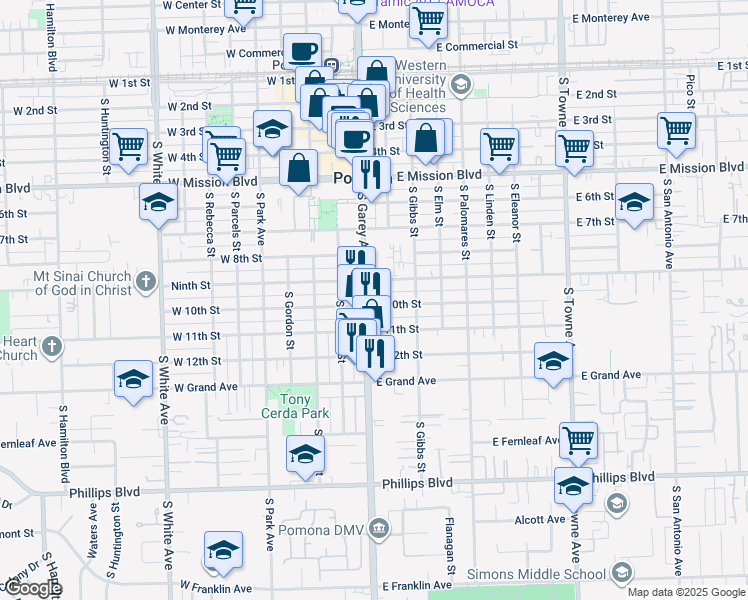 map of restaurants, bars, coffee shops, grocery stores, and more near in Pomona