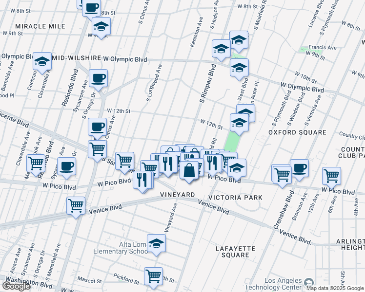 map of restaurants, bars, coffee shops, grocery stores, and more near 1307 South Rimpau Boulevard in Los Angeles