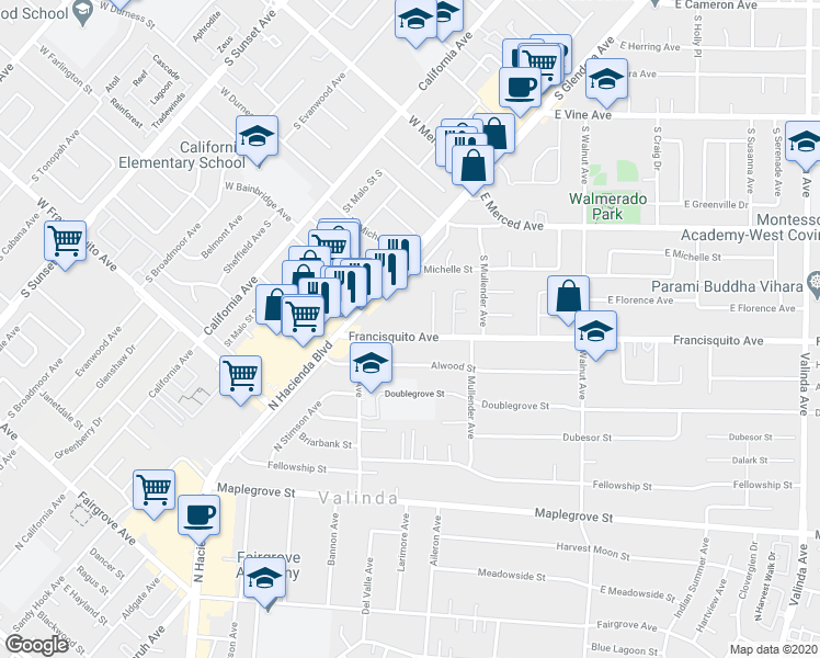 map of restaurants, bars, coffee shops, grocery stores, and more near 15757 Francisquito Avenue in La Puente