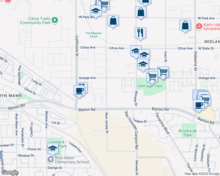 map of restaurants, bars, coffee shops, grocery stores, and more near 26735 Orange Ave in Redlands