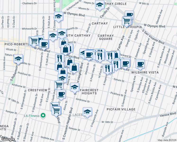 map of restaurants, bars, coffee shops, grocery stores, and more near 1424 Stearns Drive in Los Angeles
