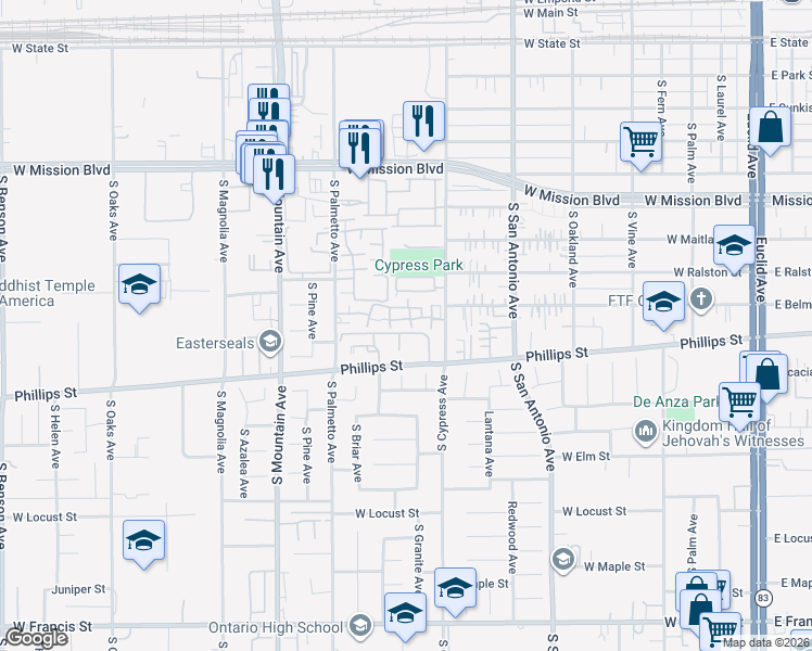 map of restaurants, bars, coffee shops, grocery stores, and more near 1216 South Cypress Avenue in Ontario
