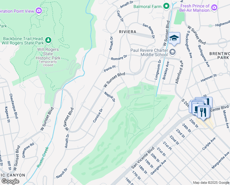 map of restaurants, bars, coffee shops, grocery stores, and more near 1220 Corsica Drive in Los Angeles
