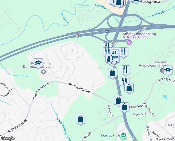 map of restaurants, bars, coffee shops, grocery stores, and more near 2910 Buford Drive in Lawrenceville