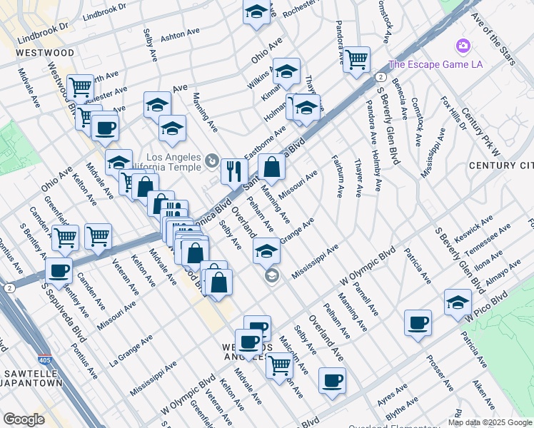 map of restaurants, bars, coffee shops, grocery stores, and more near 1906 Pelham Avenue in Los Angeles