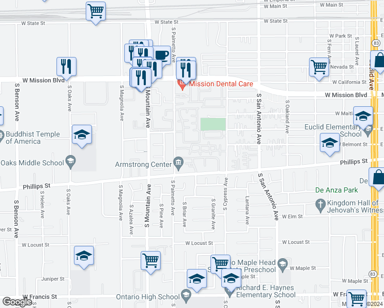 map of restaurants, bars, coffee shops, grocery stores, and more near 1217 South Palmetto Avenue in Ontario