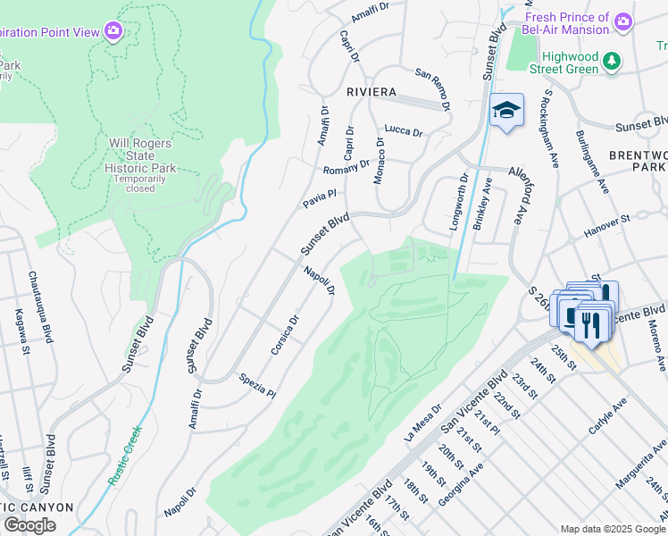 map of restaurants, bars, coffee shops, grocery stores, and more near 1220 Corsica Drive in Los Angeles