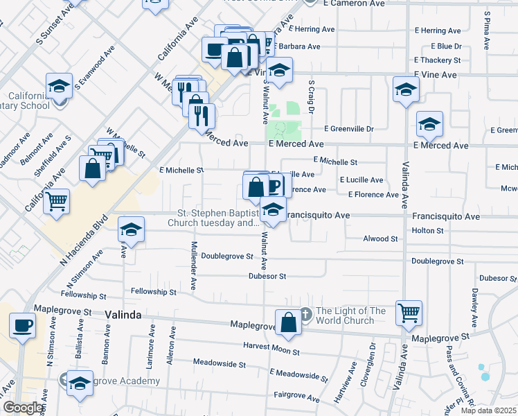 map of restaurants, bars, coffee shops, grocery stores, and more near 1321 South Walnut Avenue in West Covina