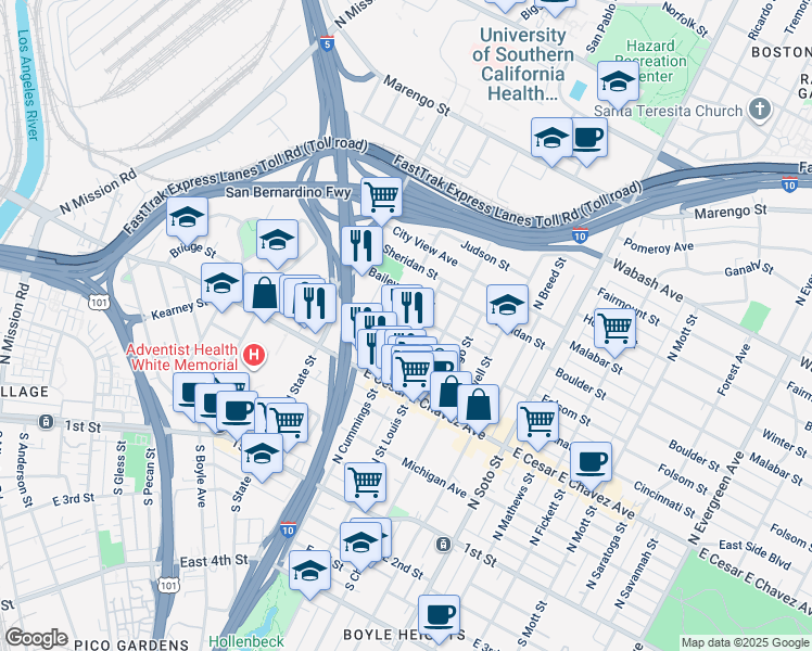 map of restaurants, bars, coffee shops, grocery stores, and more near 617 North Cummings Street in Los Angeles