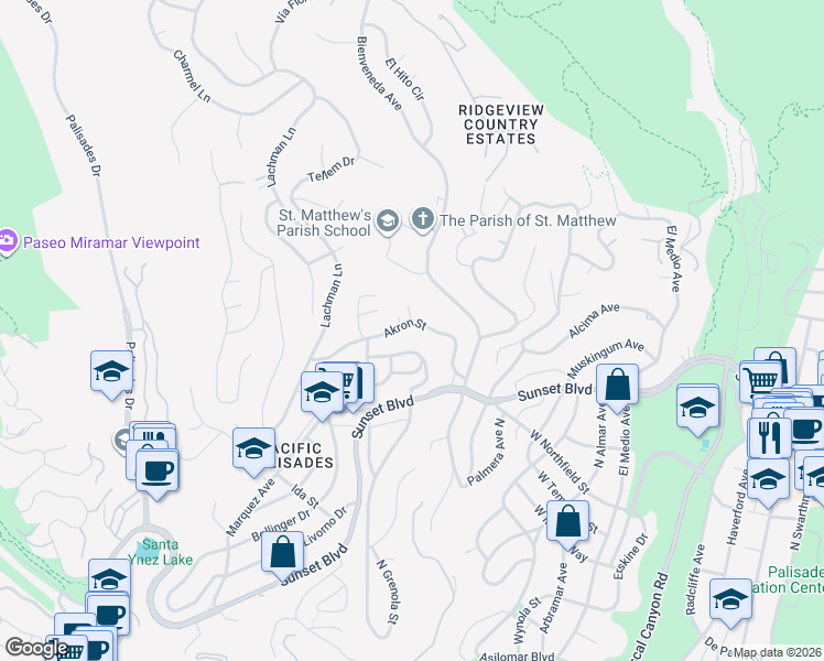 map of restaurants, bars, coffee shops, grocery stores, and more near 16505 Akron Street in Los Angeles
