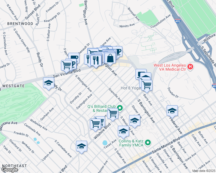 map of restaurants, bars, coffee shops, grocery stores, and more near 980 Granville Avenue in Los Angeles