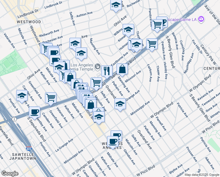 map of restaurants, bars, coffee shops, grocery stores, and more near 1822 Overland Avenue in Los Angeles