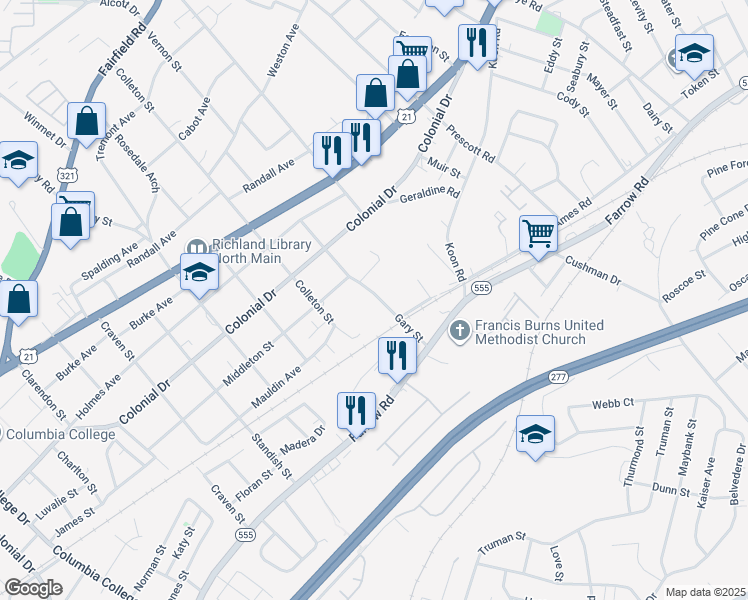 map of restaurants, bars, coffee shops, grocery stores, and more near 1706 Gary Street in Columbia