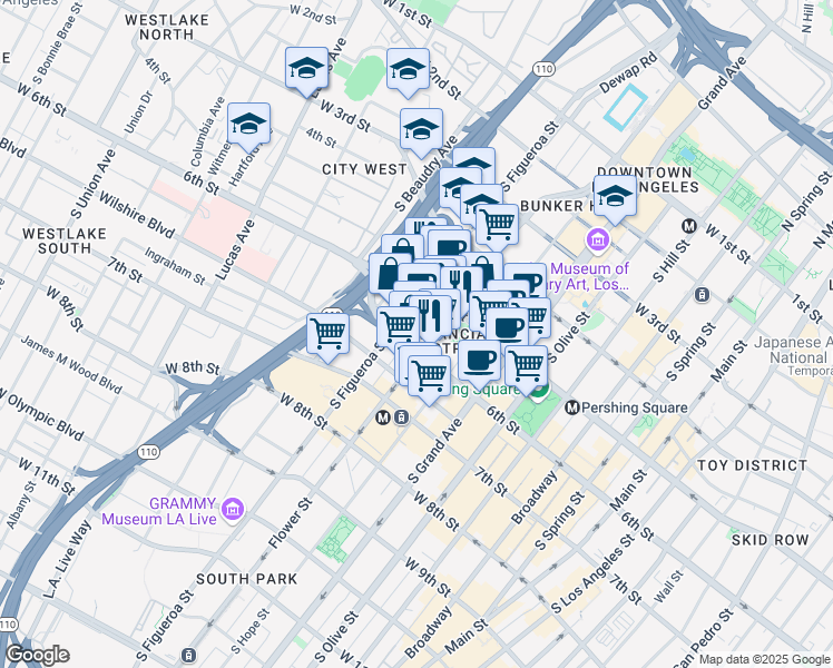 map of restaurants, bars, coffee shops, grocery stores, and more near 515 Flower Street in Los Angeles