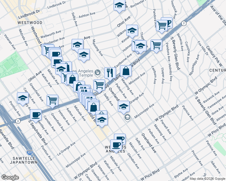 map of restaurants, bars, coffee shops, grocery stores, and more near 1822 Overland Avenue in Los Angeles