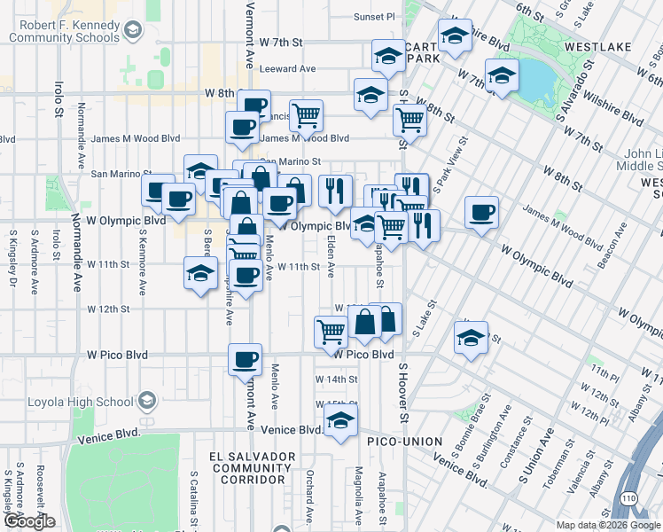 map of restaurants, bars, coffee shops, grocery stores, and more near in Los Angeles