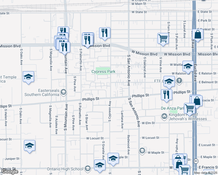 map of restaurants, bars, coffee shops, grocery stores, and more near 1208 South Cypress Avenue in Ontario