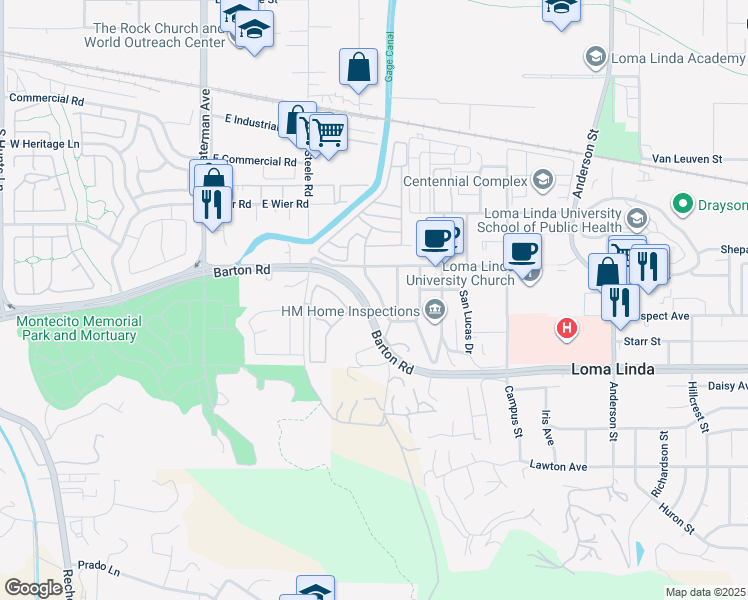 map of restaurants, bars, coffee shops, grocery stores, and more near 11153 Rosarita Drive in Loma Linda