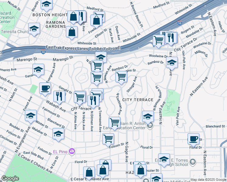 map of restaurants, bars, coffee shops, grocery stores, and more near 3621 Pomeroy Street in Los Angeles