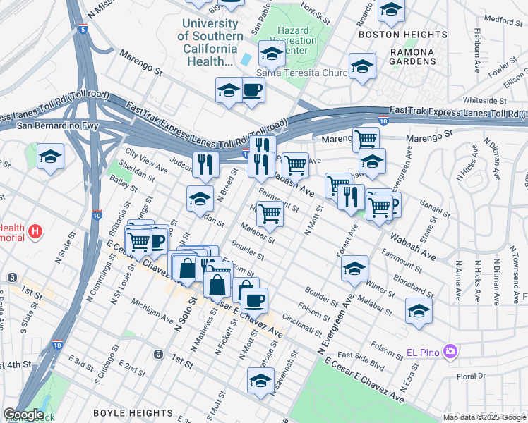 map of restaurants, bars, coffee shops, grocery stores, and more near 810 North Soto Street in Los Angeles