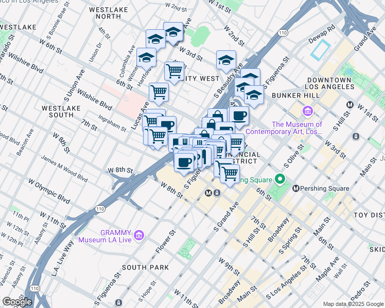 map of restaurants, bars, coffee shops, grocery stores, and more near 915 Wilshire Boulevard in Los Angeles