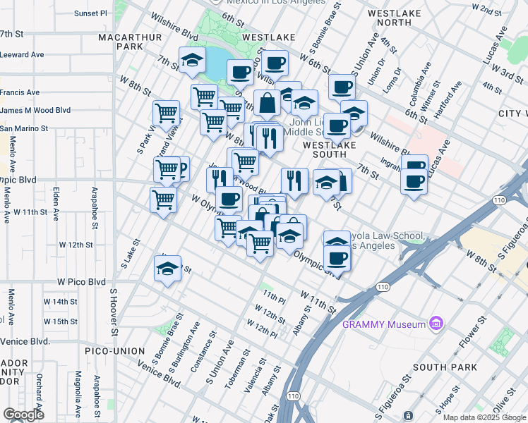 map of restaurants, bars, coffee shops, grocery stores, and more near 1740 James M Wood Boulevard in Los Angeles