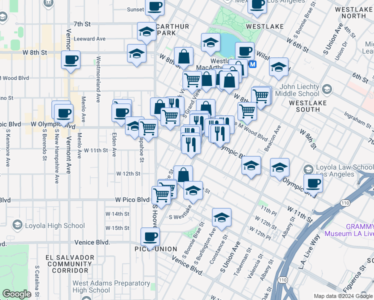 map of restaurants, bars, coffee shops, grocery stores, and more near 2140 West Olympic Boulevard in Los Angeles