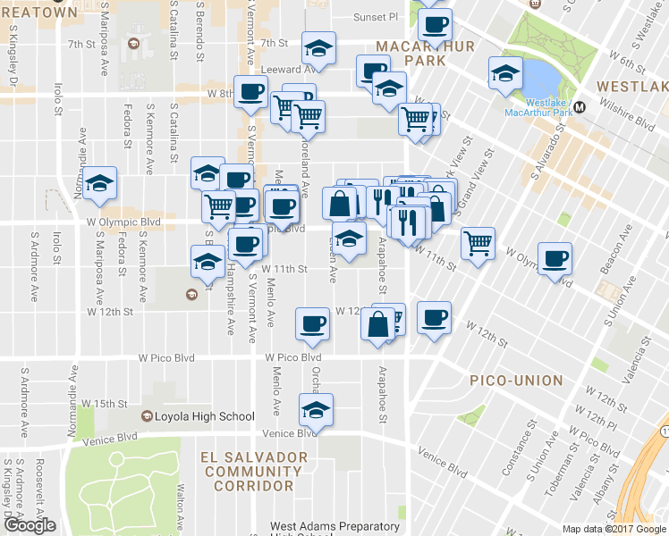 map of restaurants, bars, coffee shops, grocery stores, and more near in Los Angeles