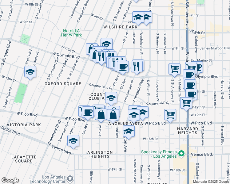 map of restaurants, bars, coffee shops, grocery stores, and more near 1053 3rd Avenue in Los Angeles