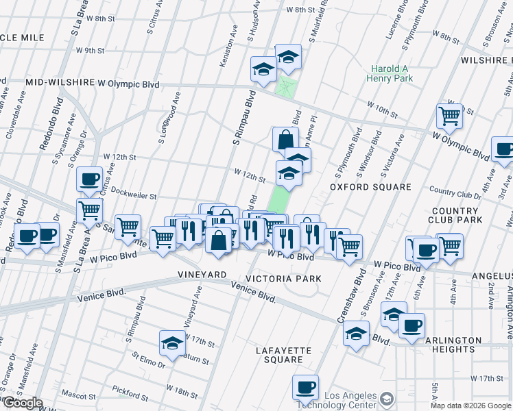 map of restaurants, bars, coffee shops, grocery stores, and more near 1218 South Muirfield Road in Los Angeles