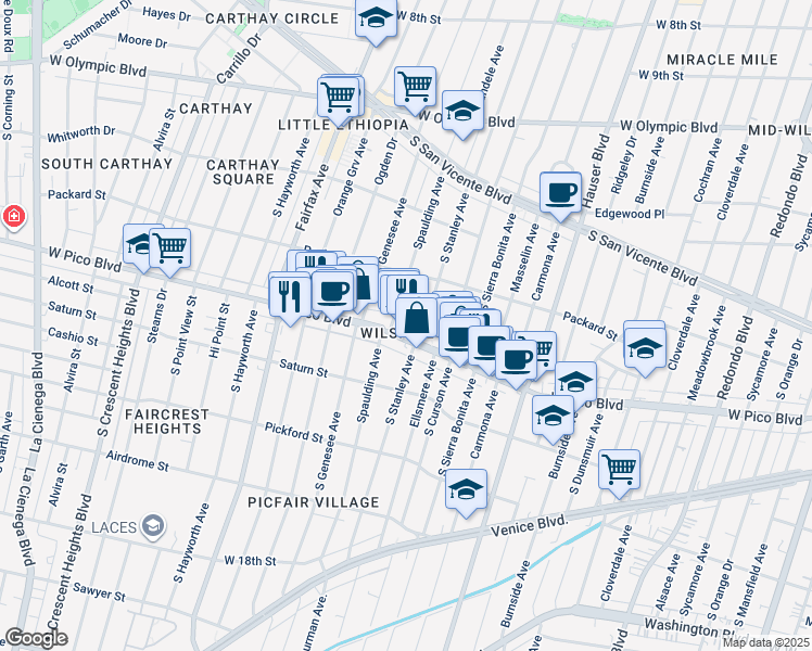 map of restaurants, bars, coffee shops, grocery stores, and more near 1339 South Spaulding Avenue in Los Angeles