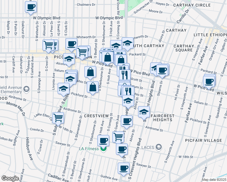 map of restaurants, bars, coffee shops, grocery stores, and more near 1482 South Holt Avenue in Los Angeles
