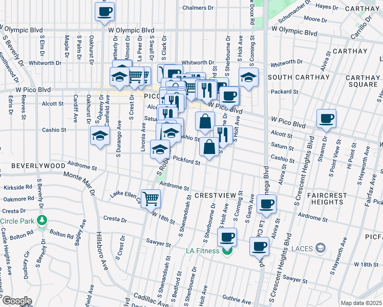 map of restaurants, bars, coffee shops, grocery stores, and more near 1518 South Robertson Boulevard in Los Angeles