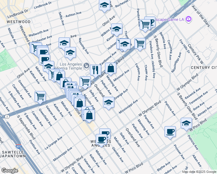 map of restaurants, bars, coffee shops, grocery stores, and more near 1827 Manning Avenue in Los Angeles