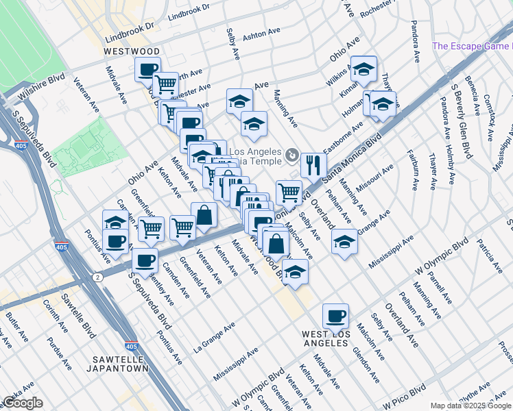 map of restaurants, bars, coffee shops, grocery stores, and more near 1738 Malcolm Avenue in Los Angeles