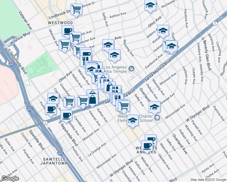 map of restaurants, bars, coffee shops, grocery stores, and more near 1730 Glendon Avenue in Los Angeles
