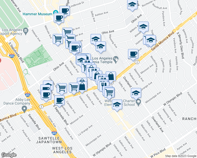 map of restaurants, bars, coffee shops, grocery stores, and more near 1730 Glendon Avenue in Los Angeles