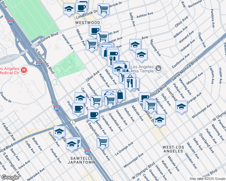 map of restaurants, bars, coffee shops, grocery stores, and more near 1701 Midvale Avenue in Los Angeles