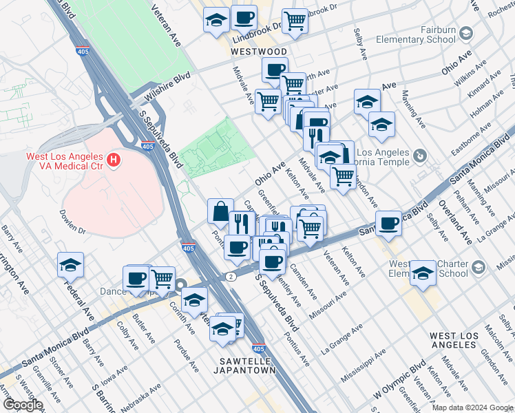 map of restaurants, bars, coffee shops, grocery stores, and more near 1500 Camden Avenue in Los Angeles