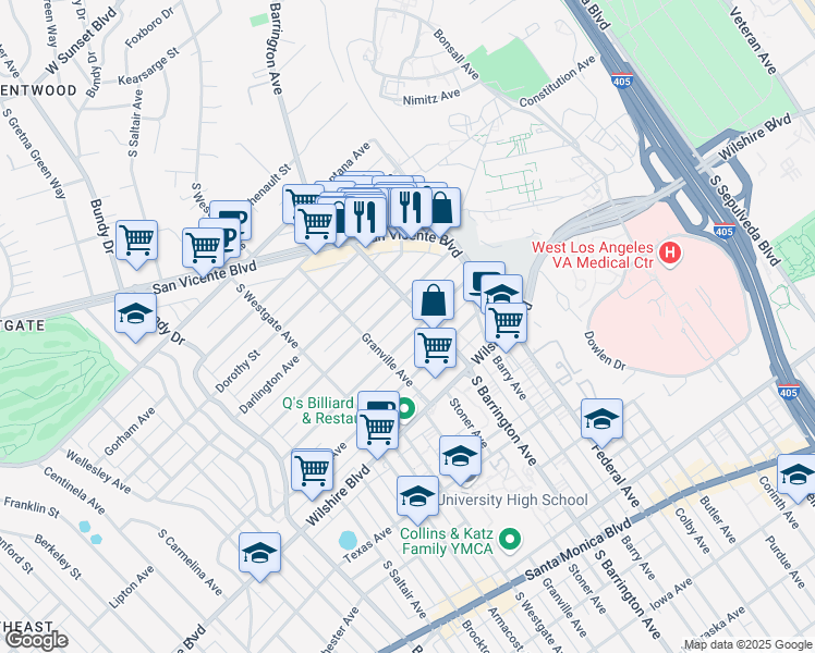 map of restaurants, bars, coffee shops, grocery stores, and more near 11714 Mayfield Avenue in Los Angeles